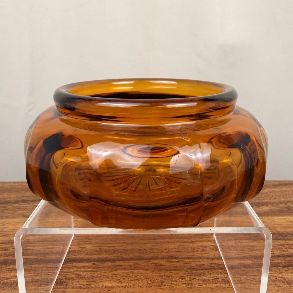 Vintage Amber Glass Powder Jar Base Sunburst Bottom Trinket Dish Honey Gold